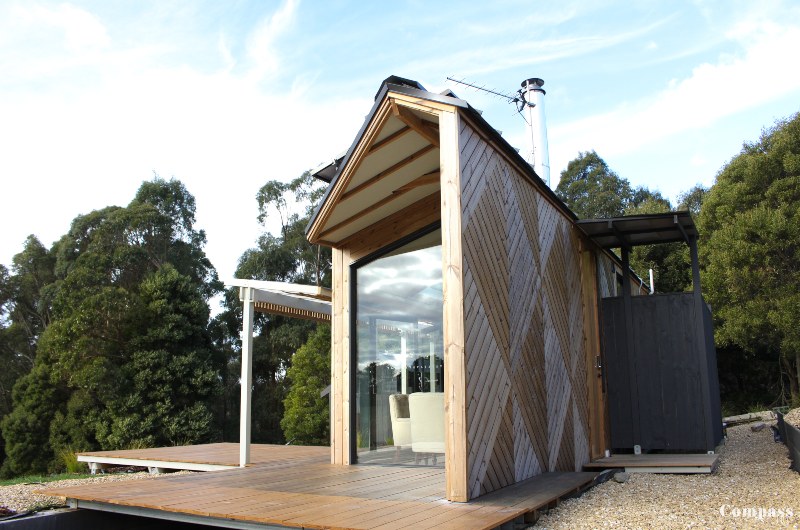 The unique timber panelling of this tiny house is just one of the many features of this sustainable accommodation. 