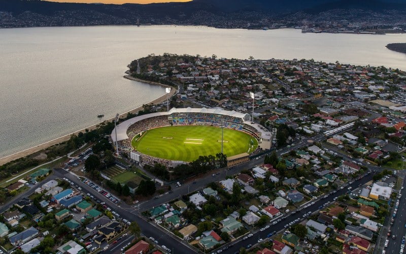 An aerial photograph of the Blundestone Arena at twilight.