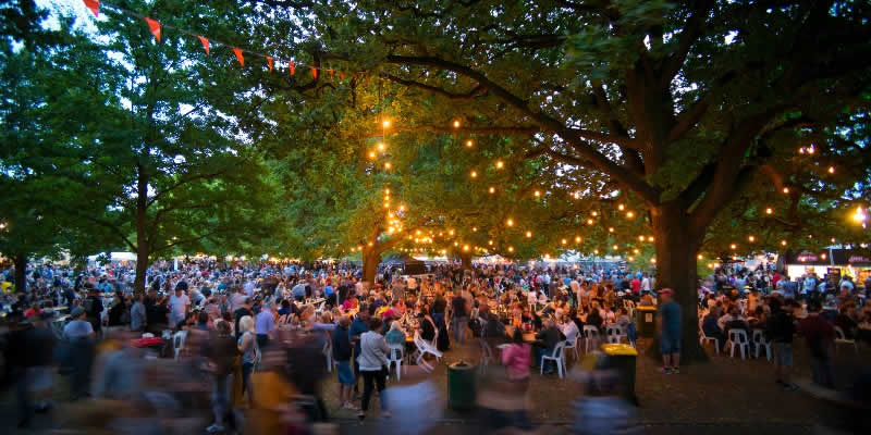 People gathered in a park at twilight