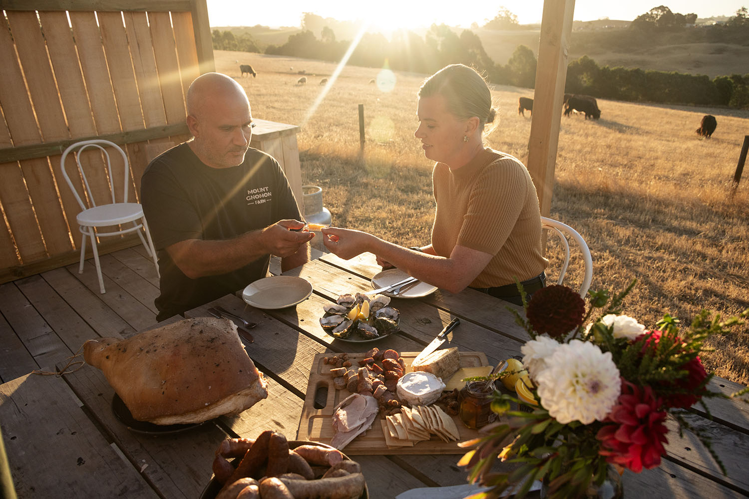 A man and woman share food at a rustic outdoor table during golden hour, with a spread of meats, oysters, and cheeses before them. Cows graze in a sunlit paddock behind.